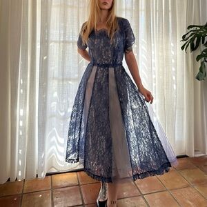 1940s Sheer Lace And Tulle Blue Fit And Flare Dress Size 28” Waist